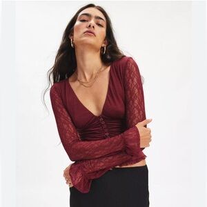 NWT Urban Outfitters Kimchi Blue Arabella Button Front Lace Top burgundy